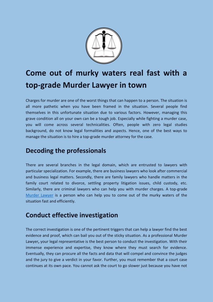 PPT - Come out of murky waters real fast with a top-grade Murder Lawyer in town PowerPoint Presentation - ID:14195175